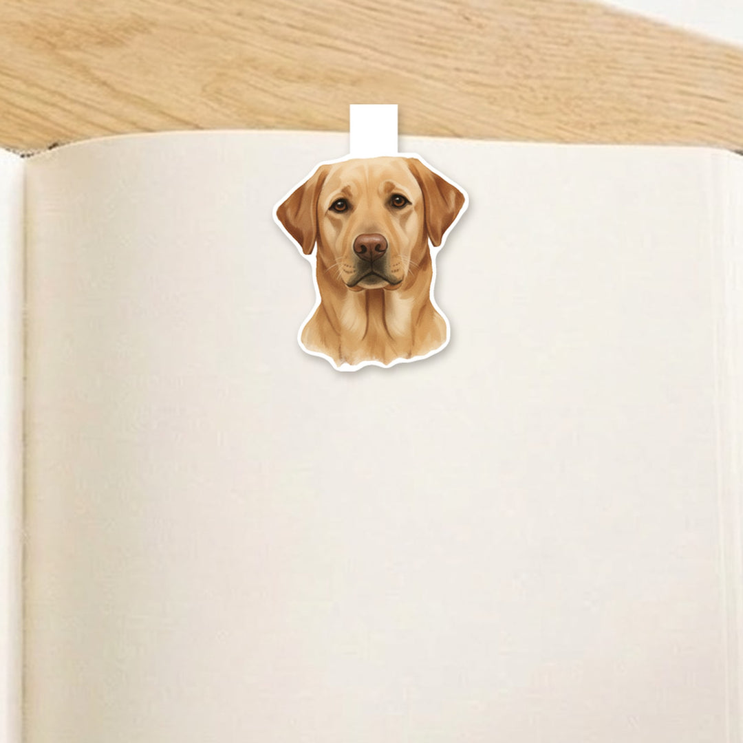 Yellow Labrador Retriever watercolor magnetic bookmark clipped over the top of an open book page – Designs by Mysh