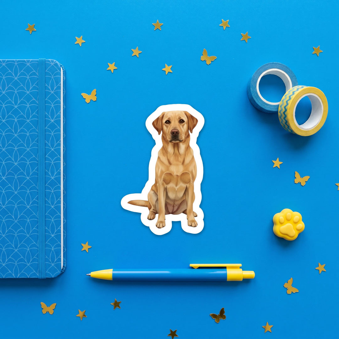 Yellow Labrador Retriever watercolor vinyl sticker 3 inch flat lay with blue and yellow stationery – Designs by Mysh