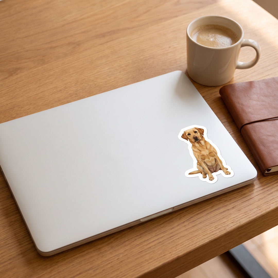 Yellow Labrador Retriever watercolor vinyl sticker on a laptop lid – Designs by Mysh
