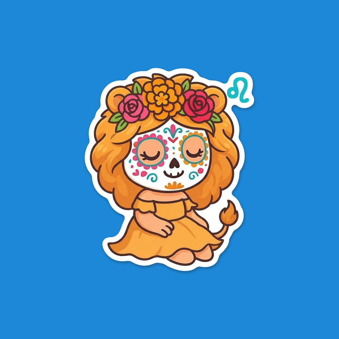 Kawaii Leo zodiac sugar skull girl with a flower crown and the Leo symbol Día de los Muertos vinyl sticker – Designs by Mysh