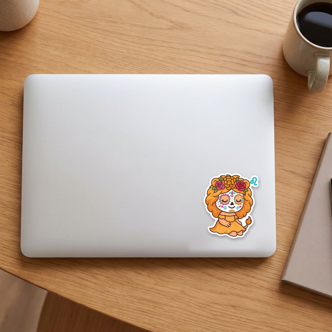 Leo sugar skull girl vinyl sticker on a laptop lid – Designs by Mysh