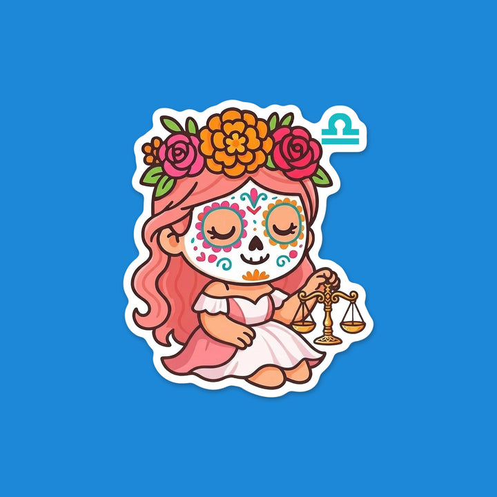 Kawaii Libra zodiac sugar skull girl with a flower crown and the Libra symbol Día de los Muertos vinyl sticker – Designs by Mysh