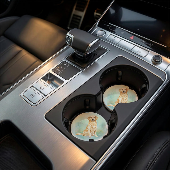 Light golden retriever car coaster placed in a vehicle&