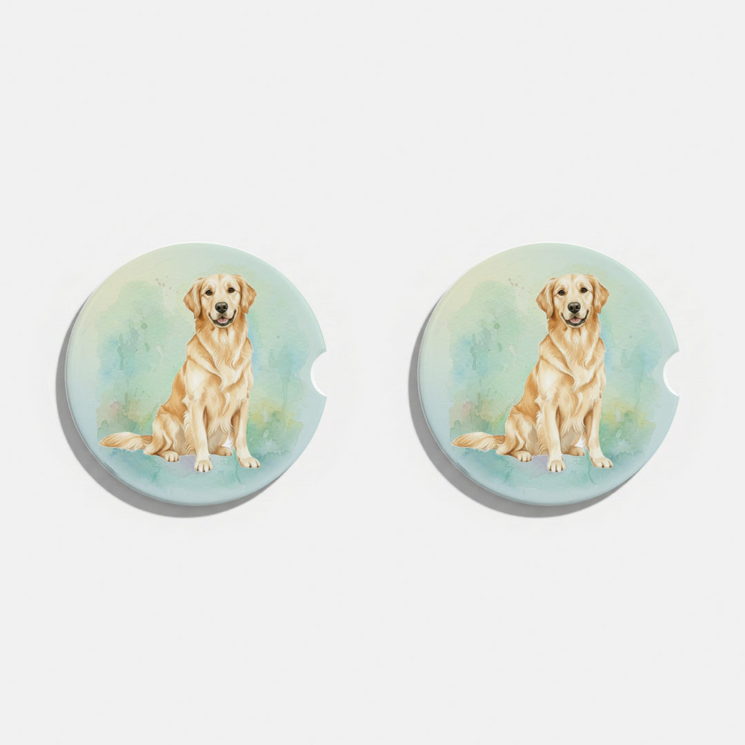 Set of two round ceramic car coasters featuring a watercolor-style illustration of a light golden retriever on a soft pastel wash.