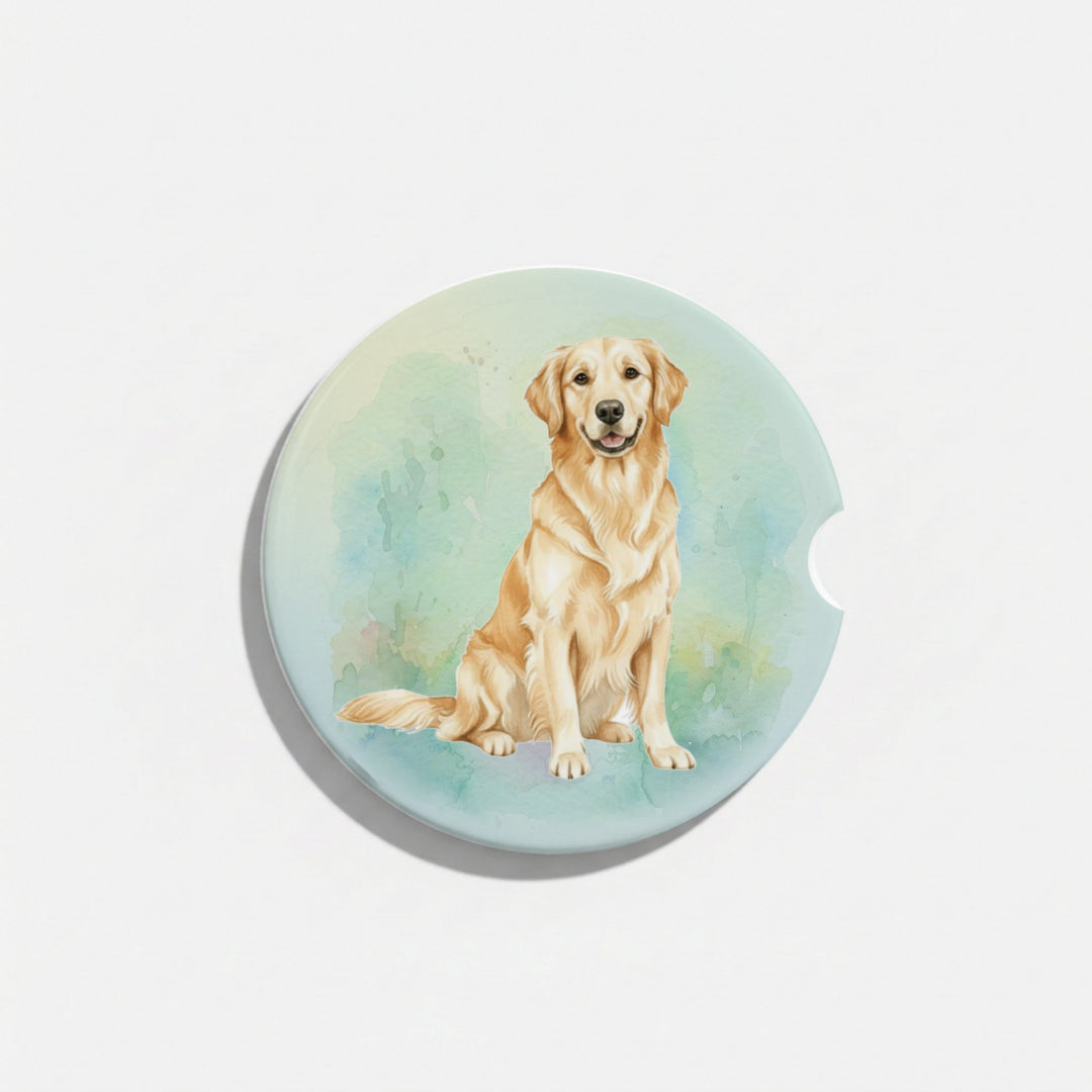 Single round ceramic car coaster featuring a watercolor-style illustration of a light golden retriever on a soft pastel wash, sold individually.