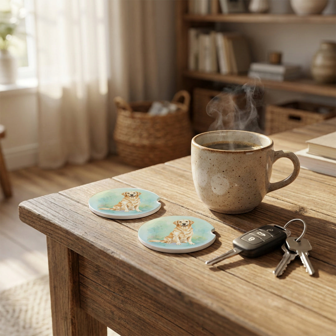 Light golden retriever car coasters styled on a wooden side table beside a steaming coffee mug and a set of keys.