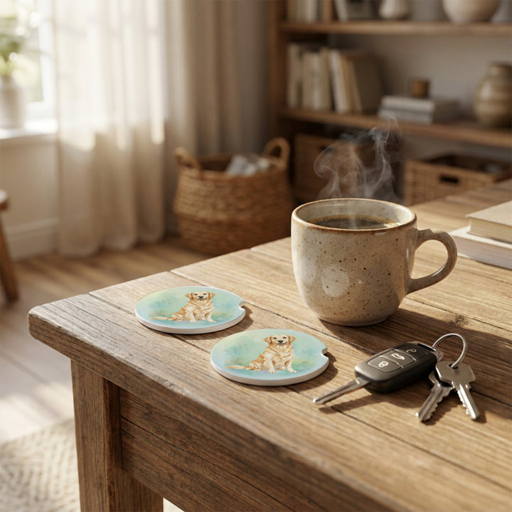 Light golden retriever car coasters styled on a wooden side table beside a steaming coffee mug and a set of keys.