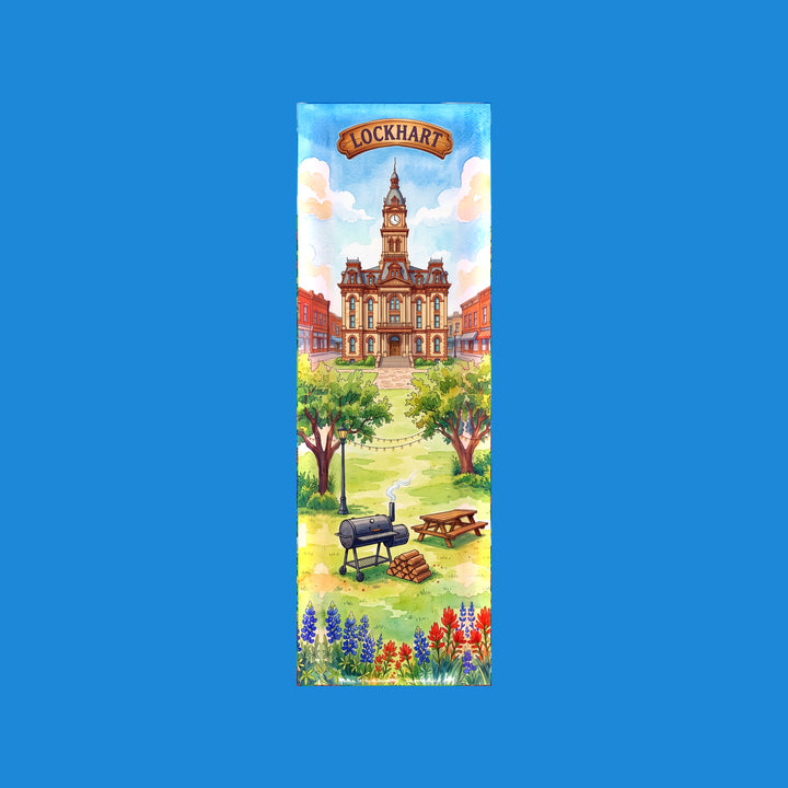 Lockhart Texas watercolor 2x6 bookmark with the historic courthouse on the square, with a barbecue smoker and string lights - Designs by Mysh