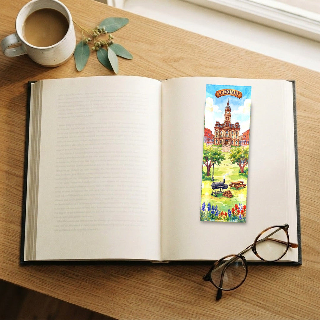 Lockhart Texas watercolor traditional bookmark on an open book with coffee and glasses - Designs by Mysh