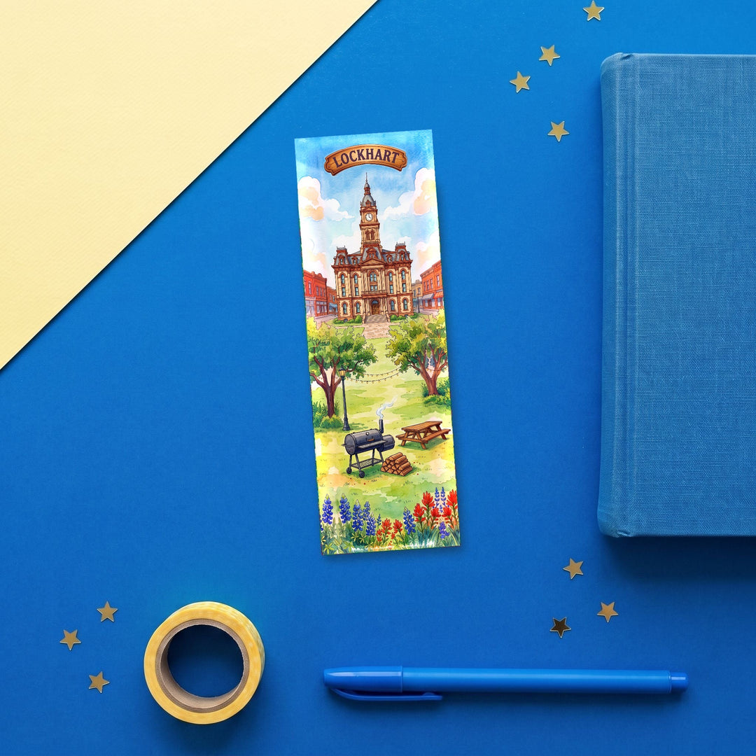 Lockhart Texas 2x6 inch bookmark flat lay with blue book and stationery - Designs by Mysh