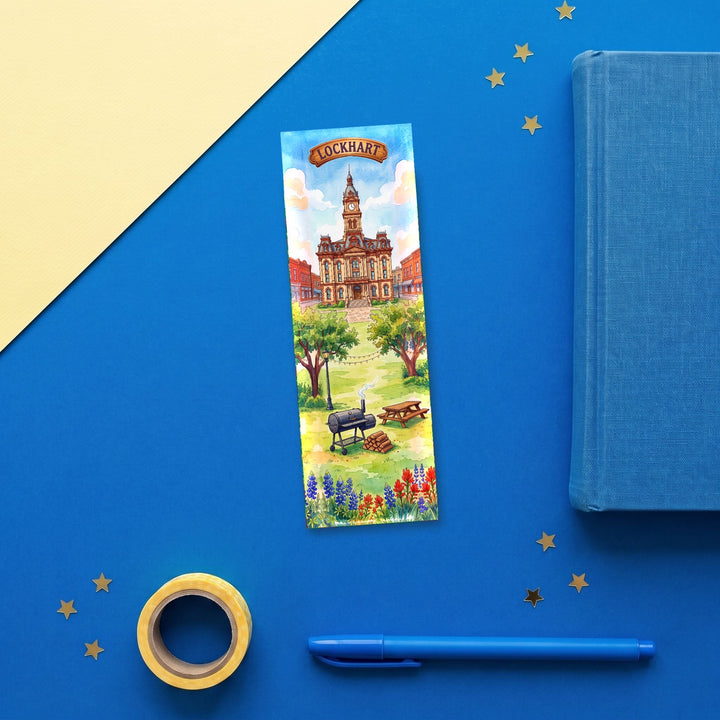 Lockhart Texas 2x6 inch bookmark flat lay with blue book and stationery - Designs by Mysh