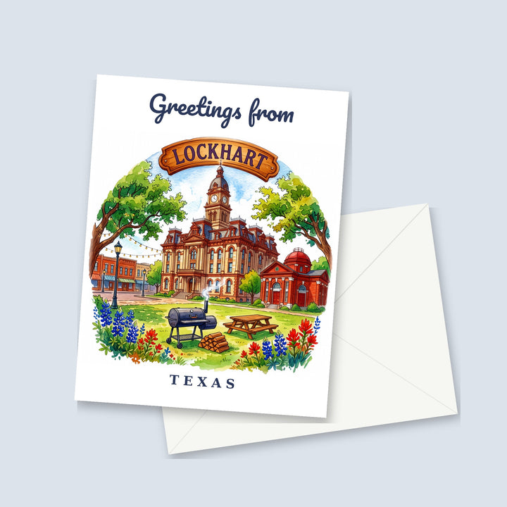 Greetings from Lockhart Texas watercolor greeting card with the courthouse and a BBQ smoker, shown with a white envelope