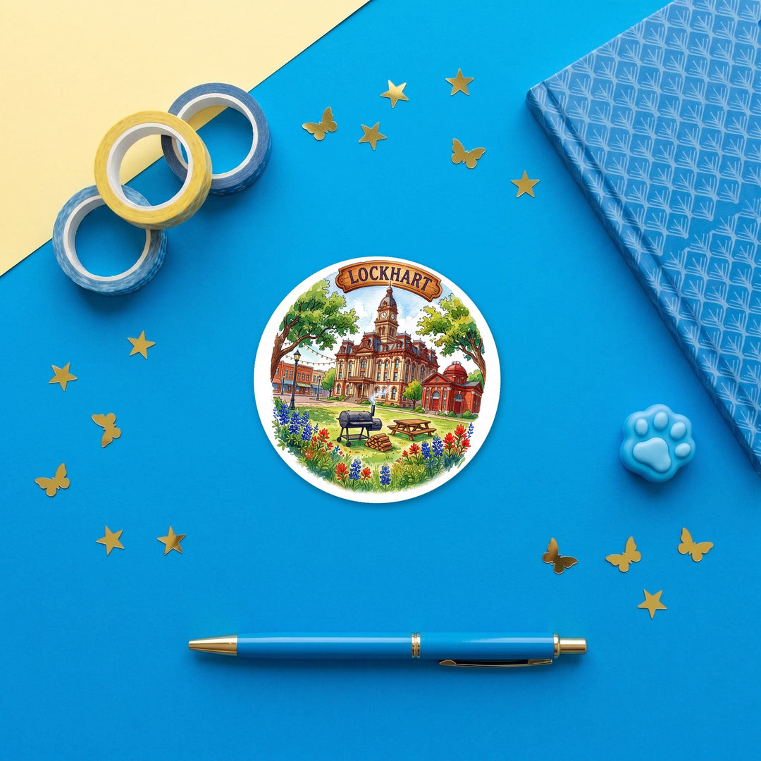 Lockhart, Texas fridge magnet flat lay with blue and yellow stationery – Designs by Mysh