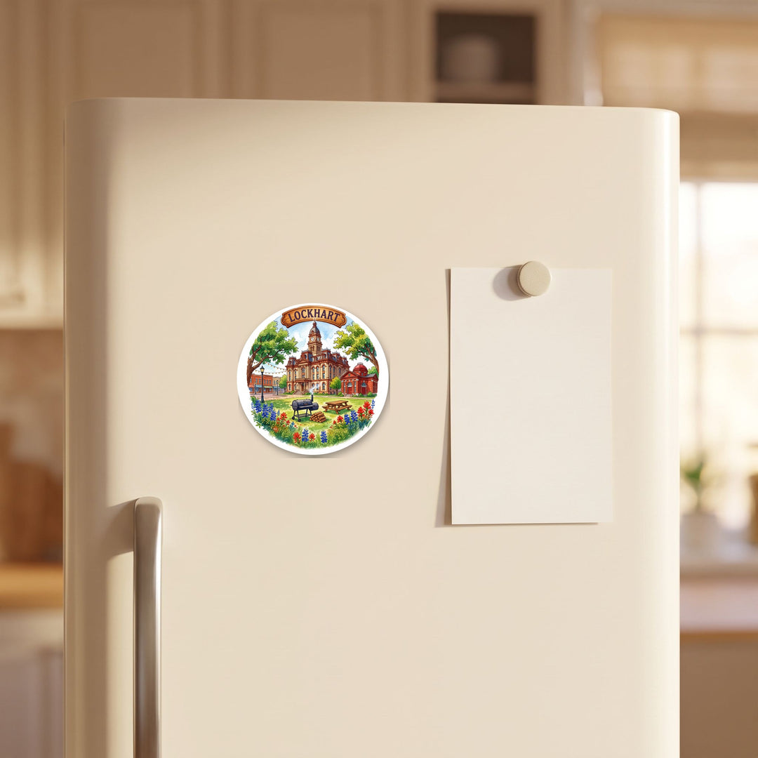 Lockhart, Texas watercolor magnet on a refrigerator door – Designs by Mysh