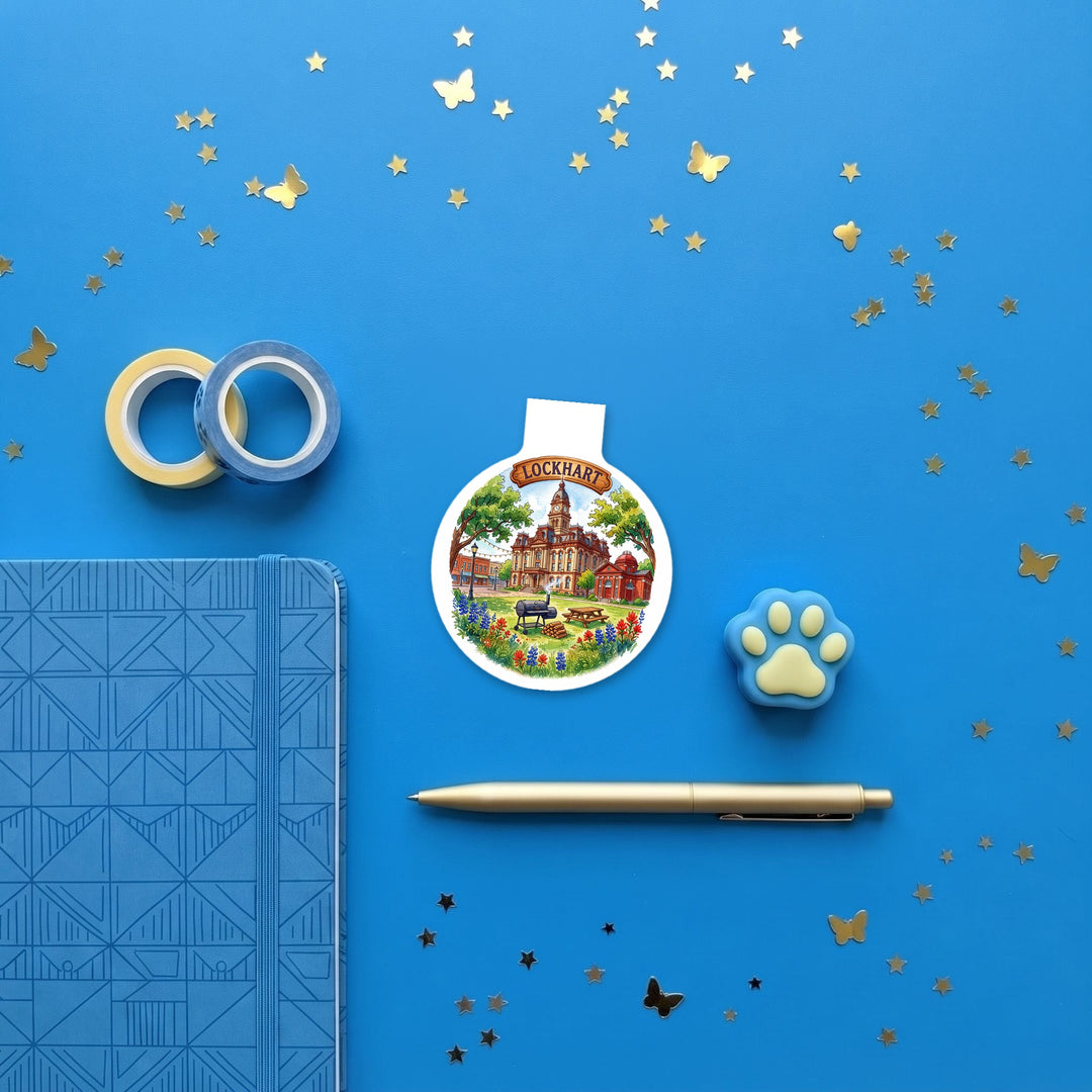 Lockhart, Texas magnetic bookmark flat lay with blue stationery – Designs by Mysh