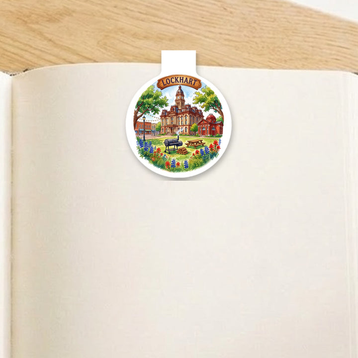 Lockhart, Texas watercolor magnetic bookmark clipped on an open book – Designs by Mysh