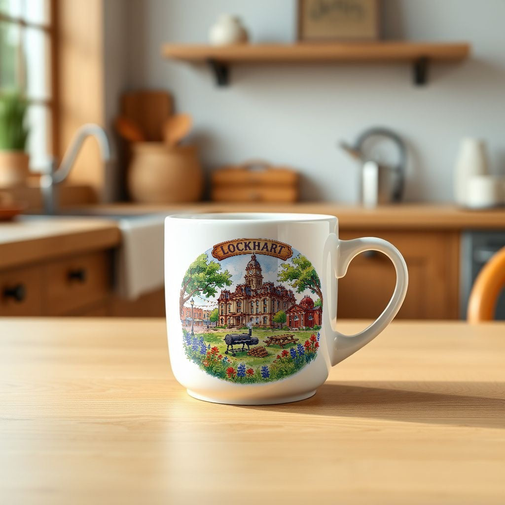 Lockhart Texas watercolor mug on a kitchen table - Designs by Mysh
