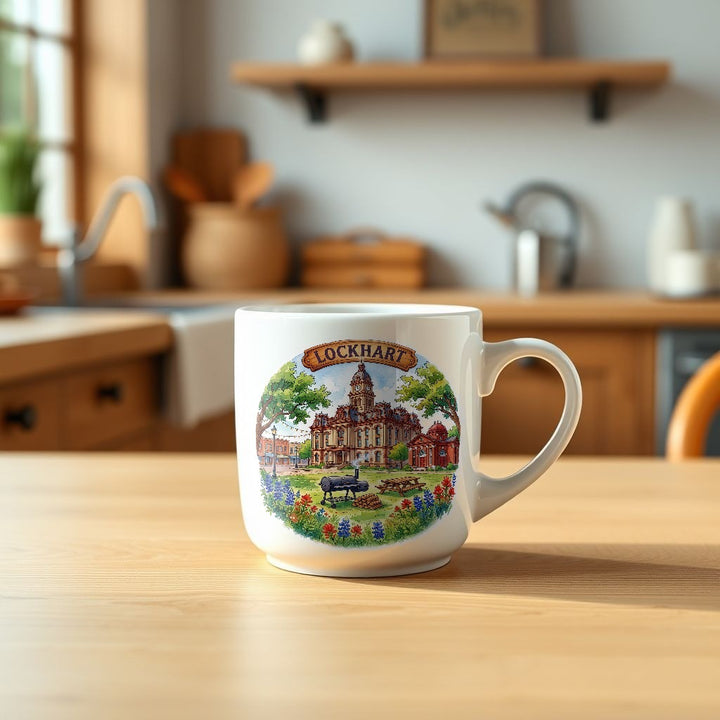 Lockhart Texas watercolor mug on a kitchen table - Designs by Mysh