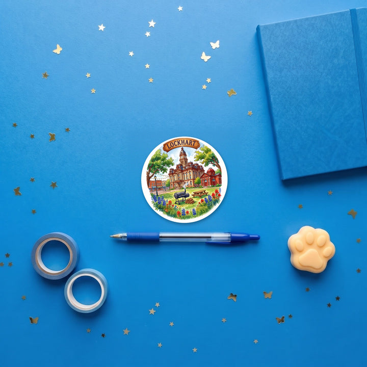 Lockhart, Texas 3 inch sticker flat lay with blue and yellow stationery – Designs by Mysh