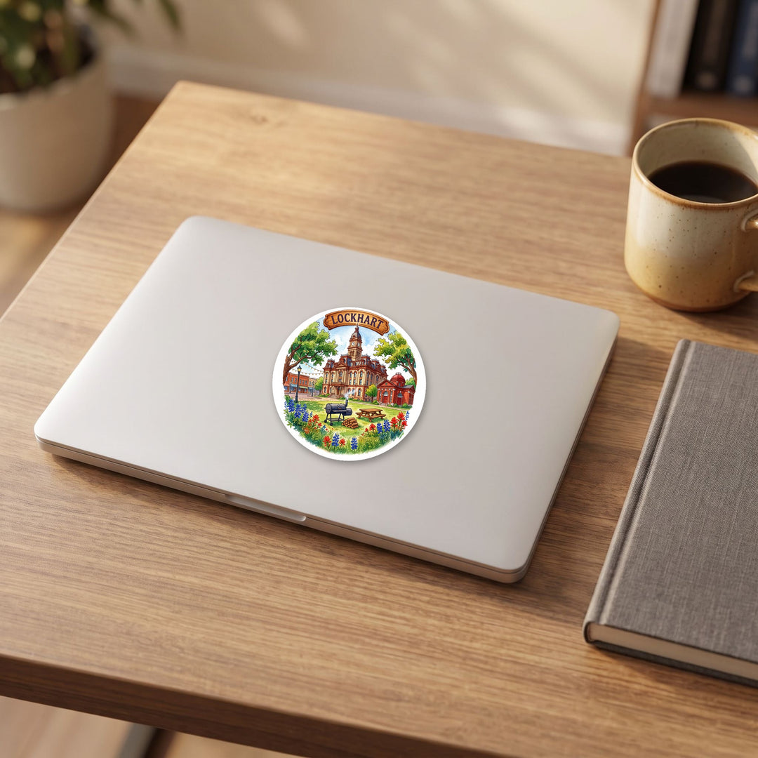 Lockhart, Texas watercolor vinyl sticker on a laptop lid – Designs by Mysh