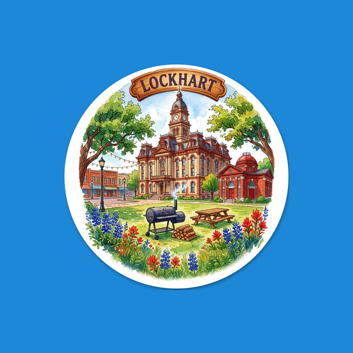 Lockhart, Texas watercolor 3 inch round vinyl sticker with bluebonnets – Designs by Mysh