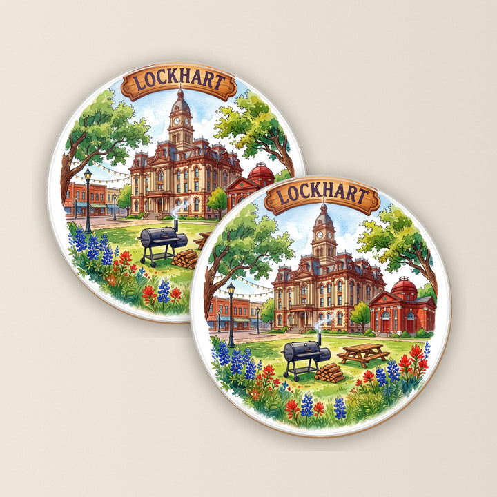 Set of two Lockhart, Texas watercolor round coasters – Designs by Mysh
