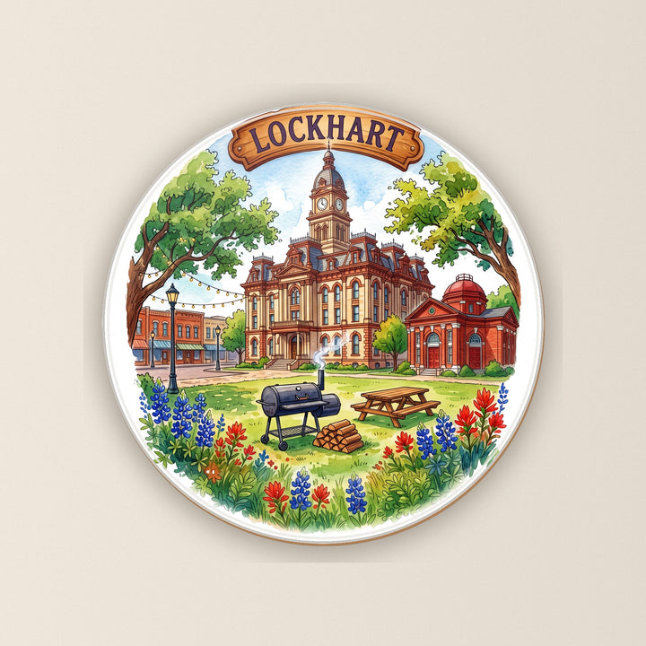 Lockhart, Texas watercolor round ceramic coaster – Designs by Mysh