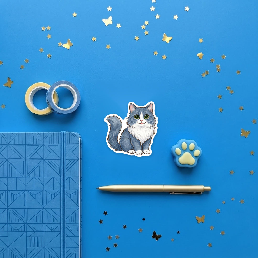 Longhair Tuxedo Cat Grey and White kawaii magnet flat lay with stationery – Designs by Mysh