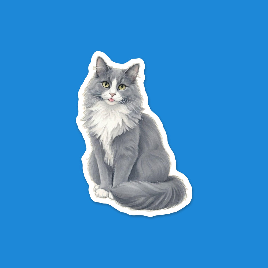 Fluffy grey and white longhair tuxedo cat with a blep watercolor flexible fridge magnet – Designs by Mysh