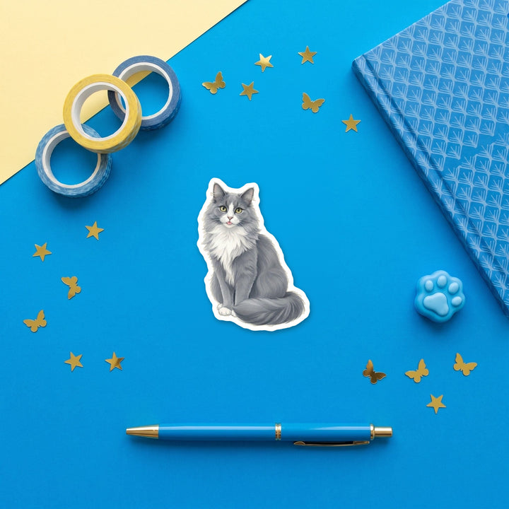 Longhair grey tuxedo cat flexible fridge magnet flat lay with blue and yellow stationery – Designs by Mysh