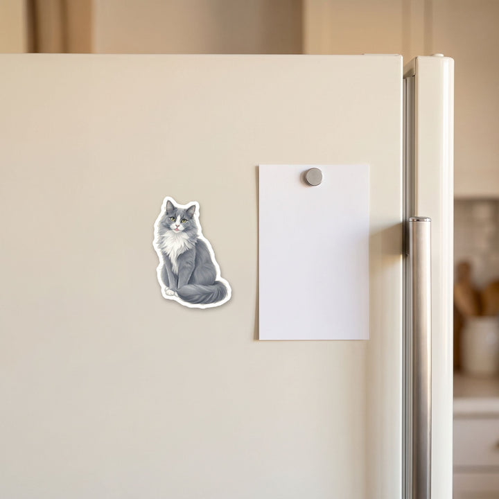 Longhair grey tuxedo cat magnet on a refrigerator door next to a 4x6 card for scale