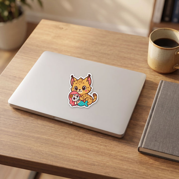 Lynx hugging a mermaid vinyl sticker on a laptop lid – Designs by Mysh
