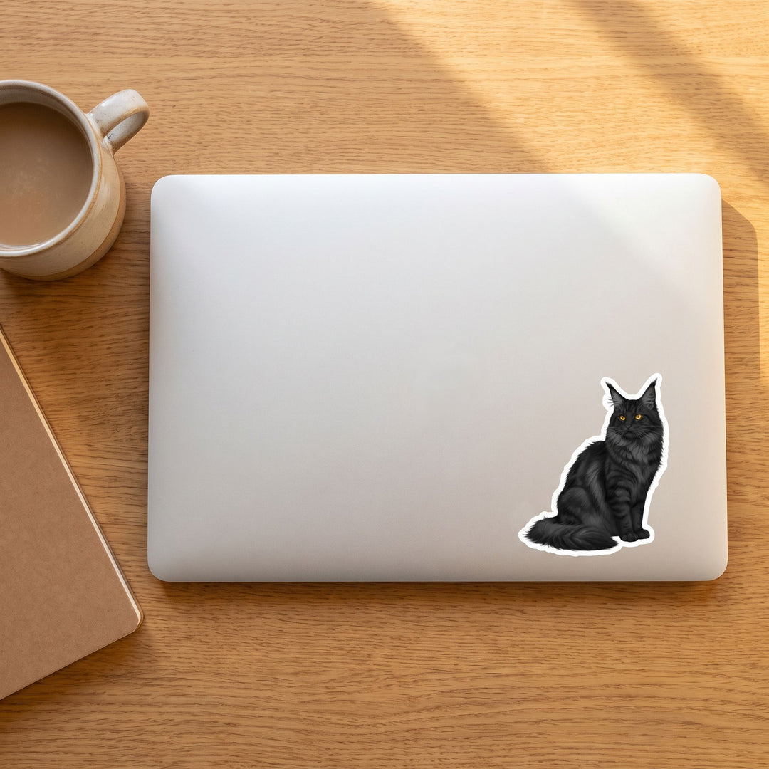 Maine Coon Black Watercolor Sticker on a laptop - Designs by Mysh