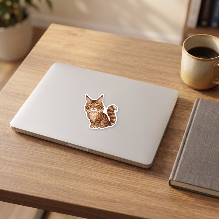 Maine Coon Brown Tabby Cat kawaii sticker on laptop