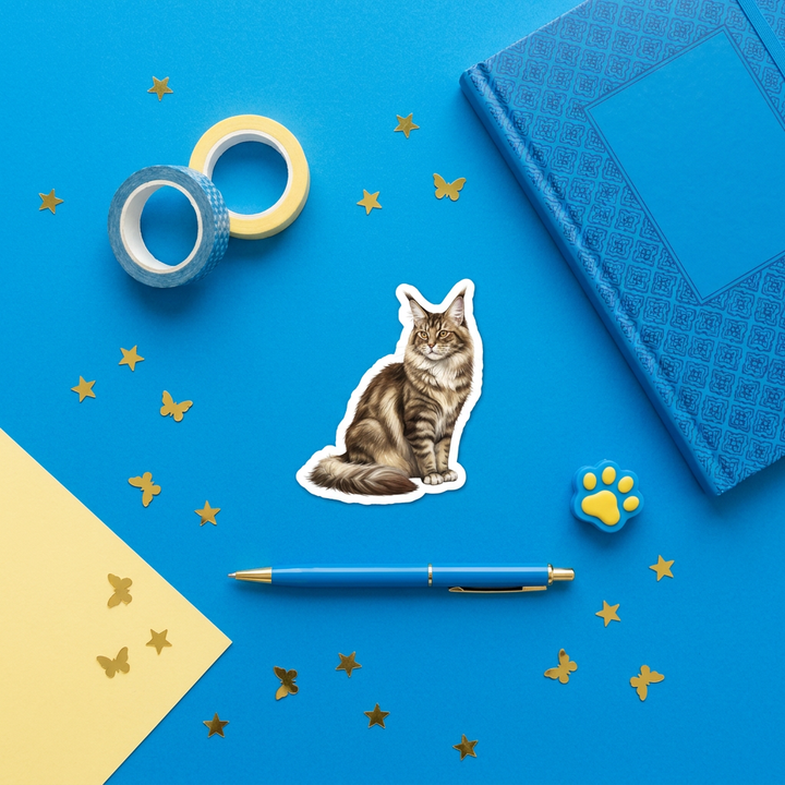 Maine Coon Brown Tabby Sticker brand flat lay - Designs by Mysh