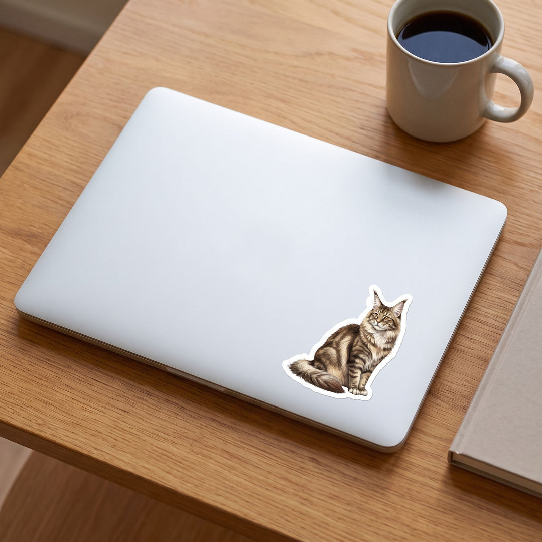 Maine Coon Brown Tabby Sticker on a laptop - Designs by Mysh