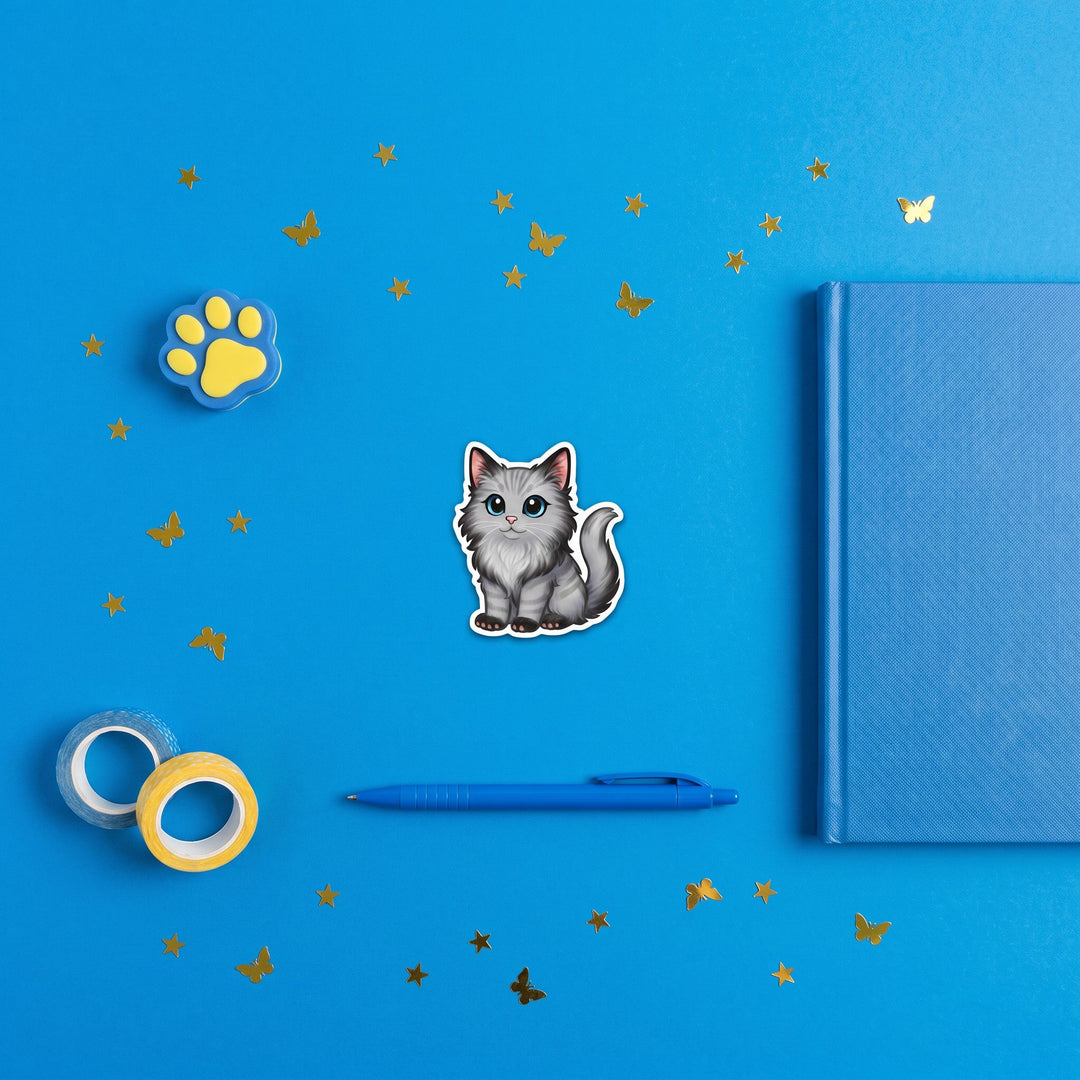 Maine Coon Silver Tabby Kawaii Magnet brand flat lay - Designs by Mysh