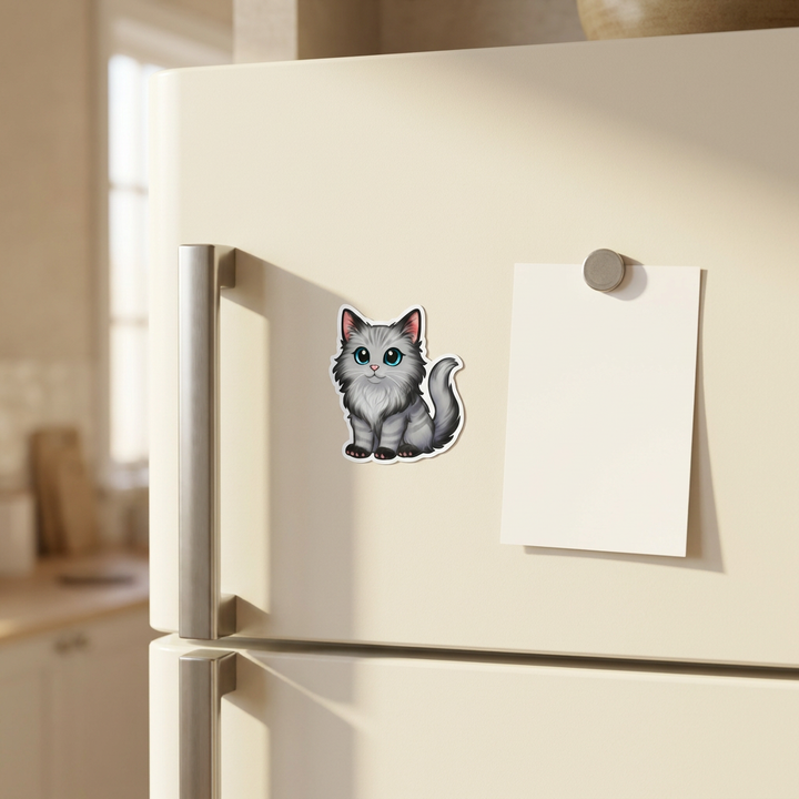 Maine Coon Silver Tabby Kawaii Magnet on a fridge - Designs by Mysh