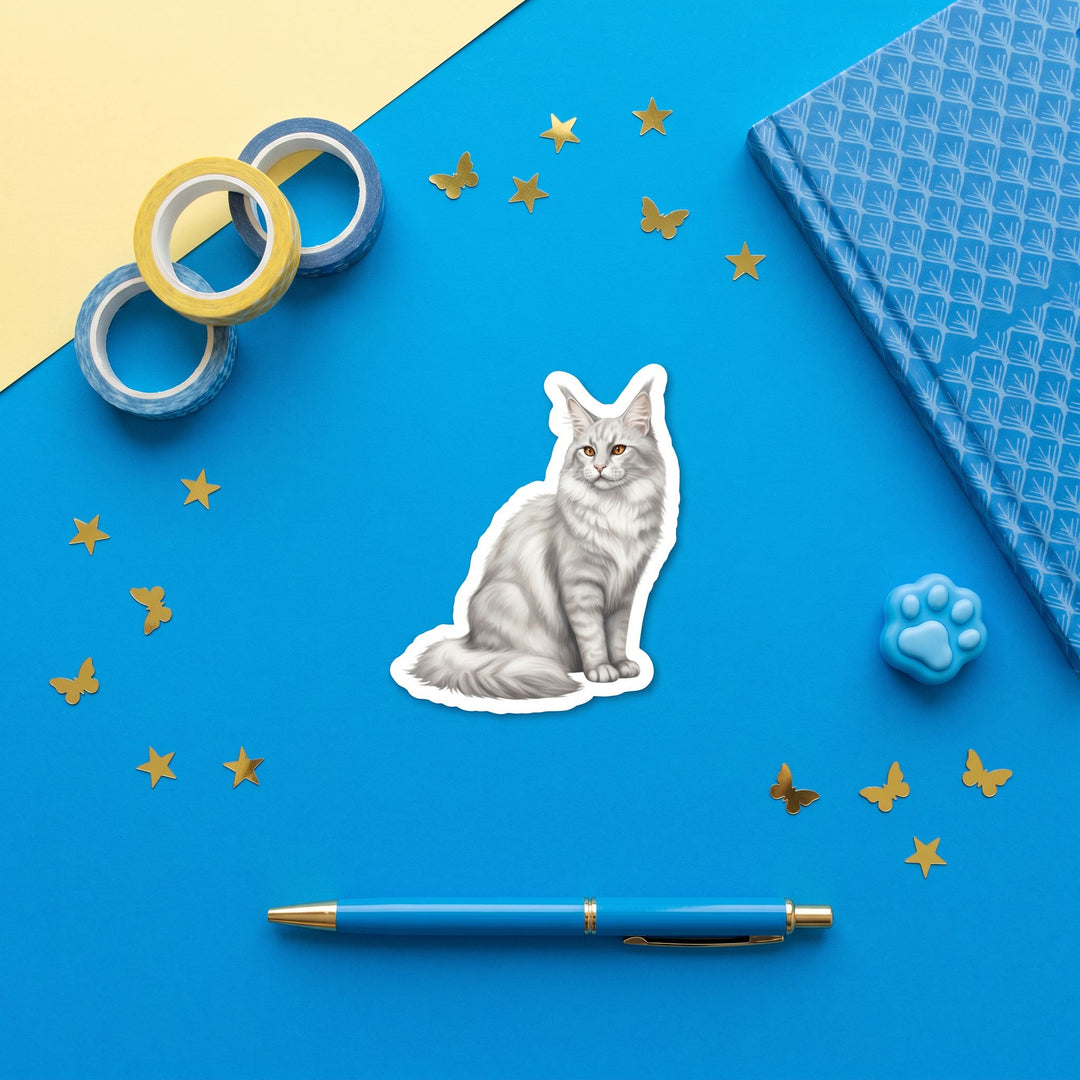 Maine Coon Silver Tabby Sticker brand flat lay - Designs by Mysh