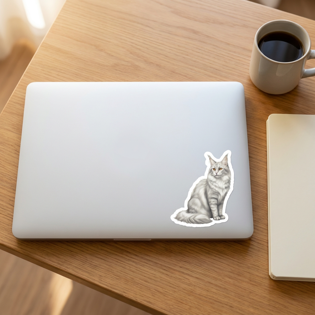Maine Coon Silver Tabby Sticker on a laptop - Designs by Mysh