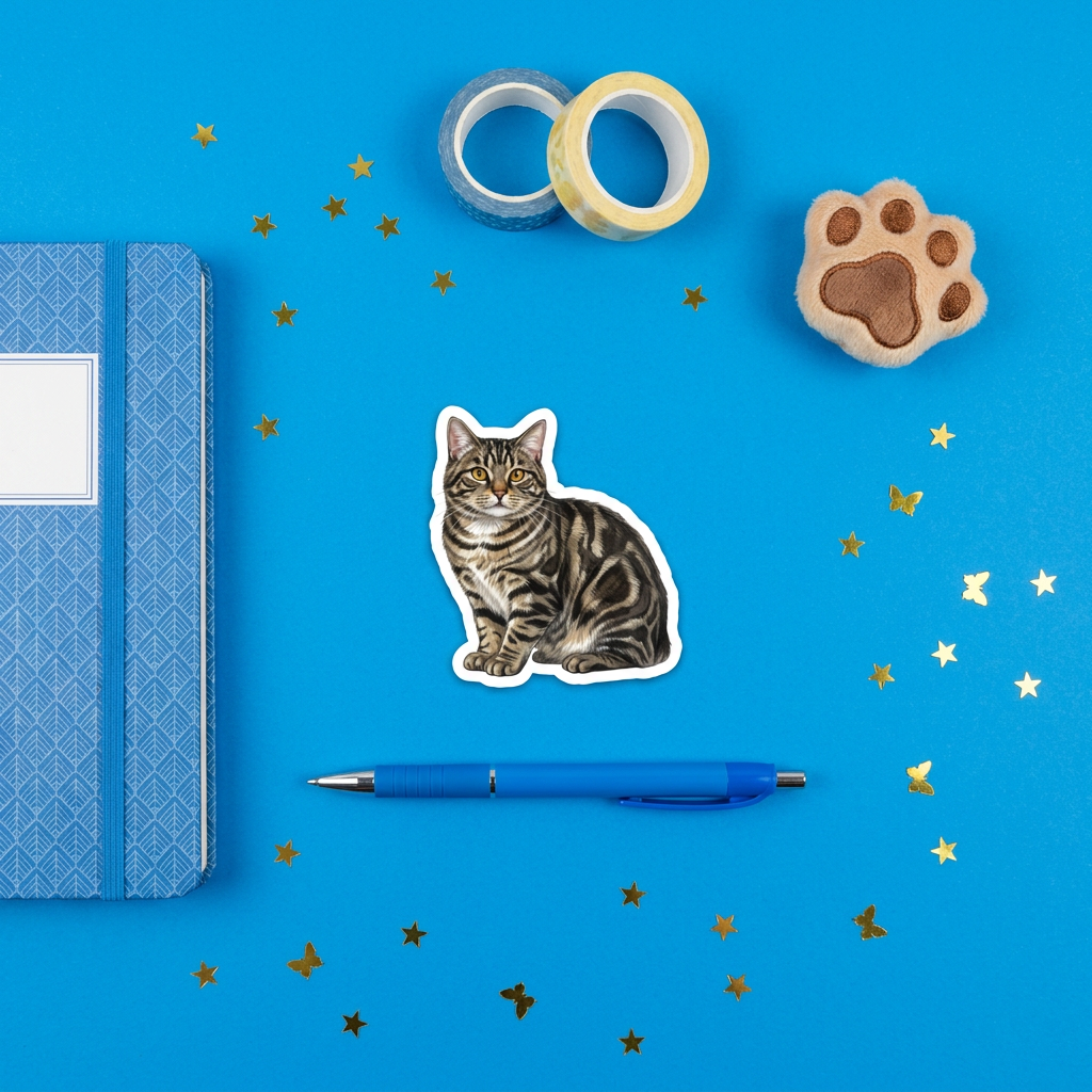 Manx Brown Tabby Sticker brand flat lay - Designs by Mysh