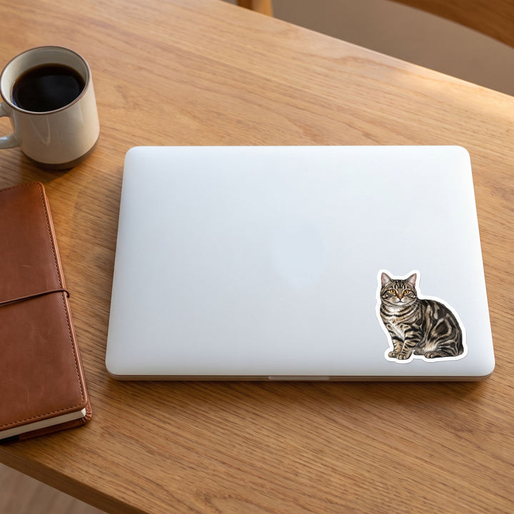 Manx Brown Tabby Sticker on a laptop - Designs by Mysh