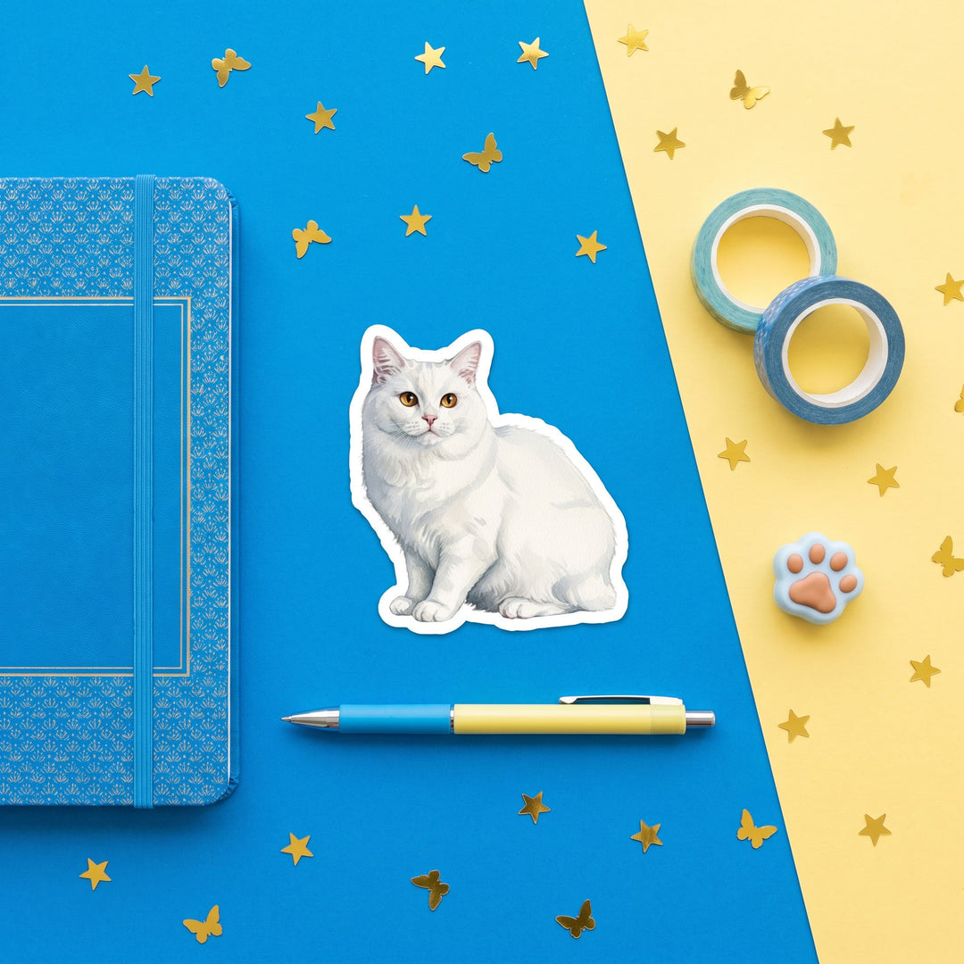 Manx White Sticker brand flat lay - Designs by Mysh