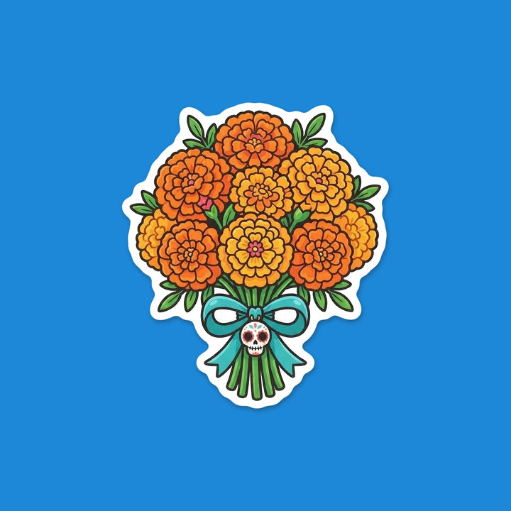 Bouquet of orange and golden marigolds tied with a turquoise bow and a sugar skull charm Día de los Muertos vinyl sticker – Designs by Mysh