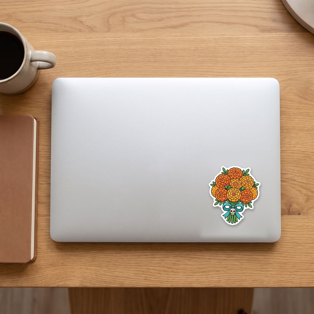 Marigold bouquet vinyl sticker on a laptop lid – Designs by Mysh
