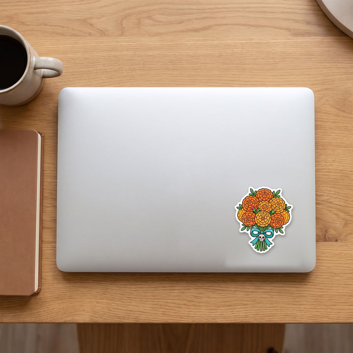 Marigold bouquet vinyl sticker on a laptop lid – Designs by Mysh