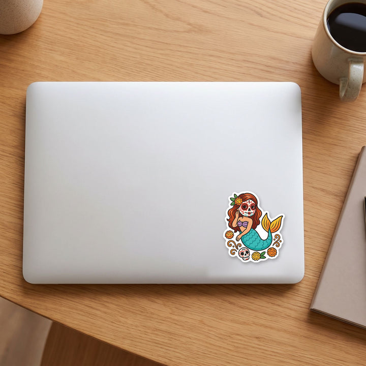 Marigold sugar skull mermaid vinyl sticker on a laptop lid – Designs by Mysh