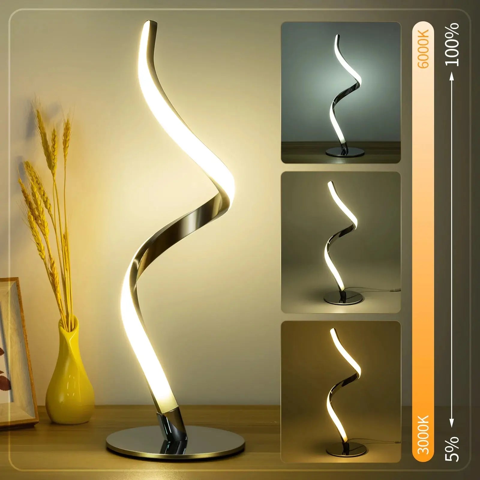 Modern Spiral Table Lamp -  Touch Control Bedside Lamp, 3 Colors & Fully Stepless Dimmable Nightstand Lamps for Bedroom, Living Room & Office(3000K 4000K 5000K) - Designs by Mysh