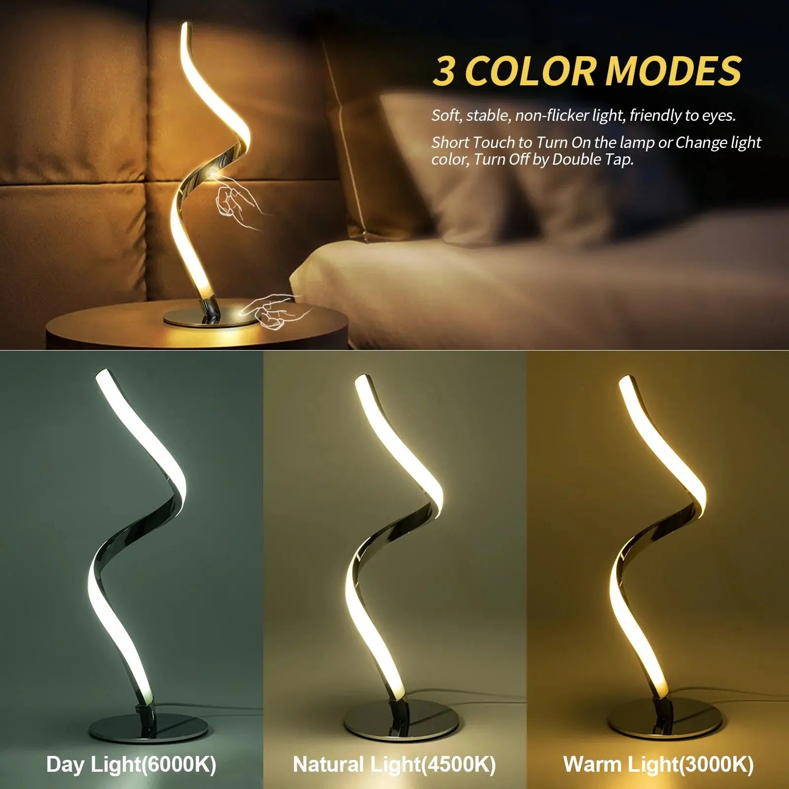 Modern Spiral Table Lamp -  Touch Control Bedside Lamp, 3 Colors & Fully Stepless Dimmable Nightstand Lamps for Bedroom, Living Room & Office(3000K 4000K 5000K) - Designs by Mysh