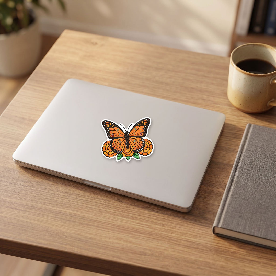 Monarch butterfly with marigolds vinyl sticker on a laptop lid – Designs by Mysh